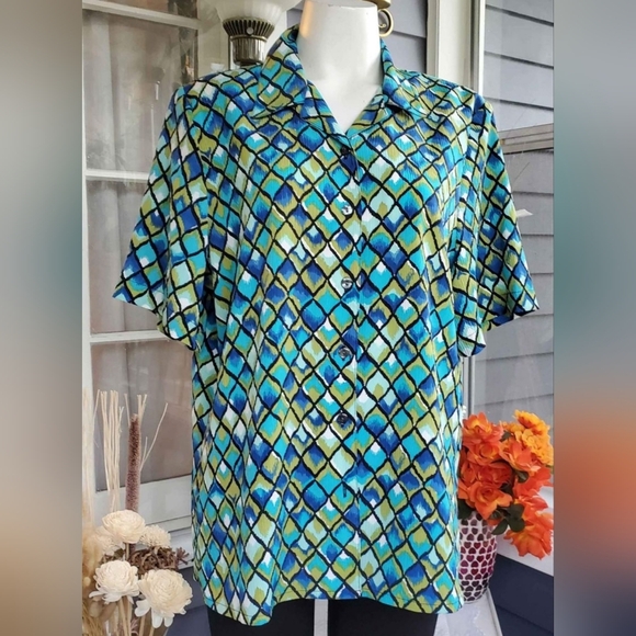 VTG 80's-90's Alia Multicolored Geometric Boho Buttons Down Shirt Blouse Top - Picture 1 of 6